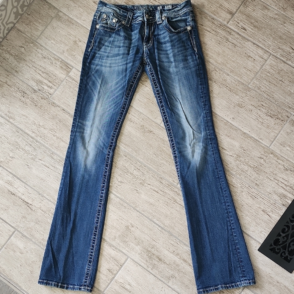 Miss Me Blue Boot Cut Jeans with Distressed Detailing 35 Inch Inseam